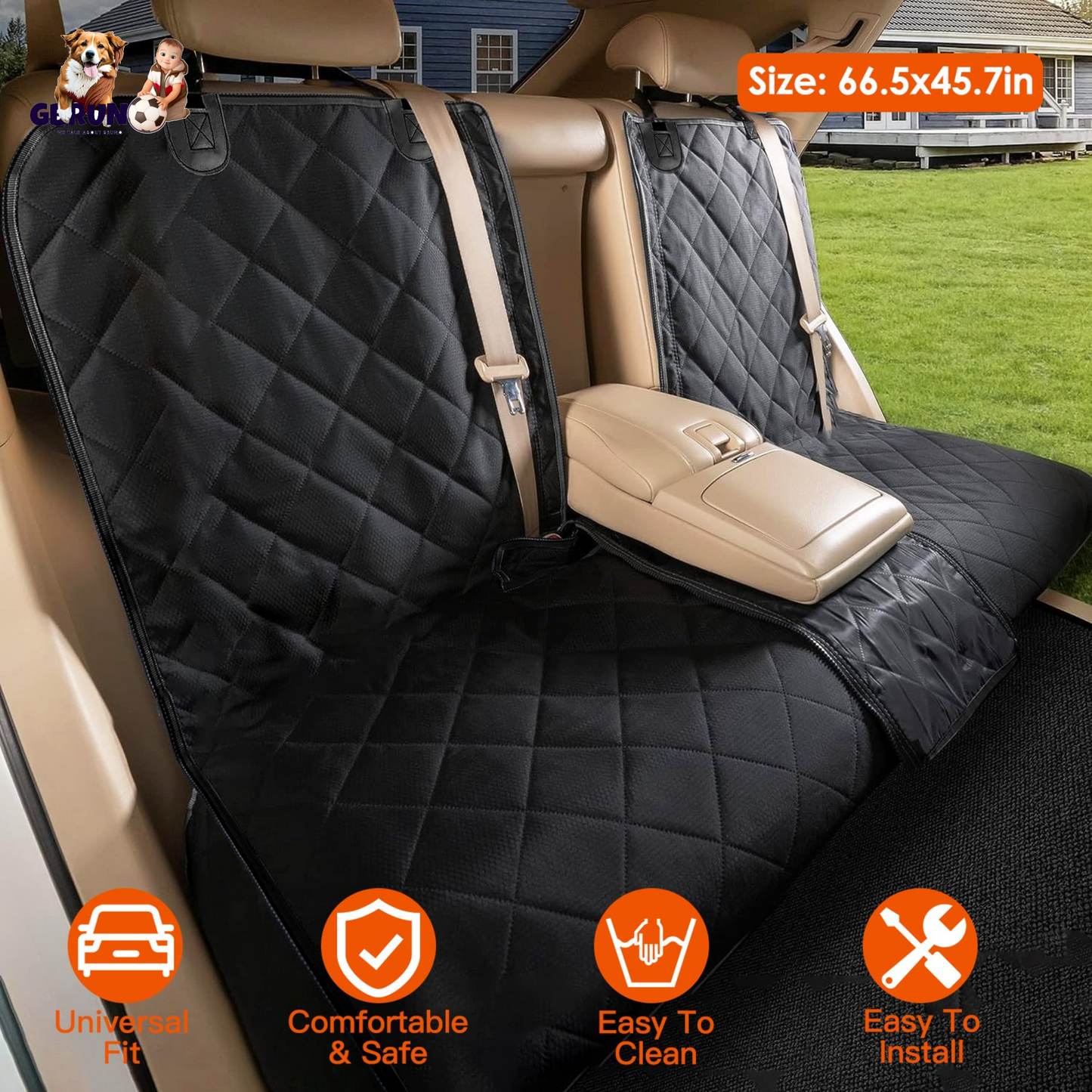 Car seat cover with quilted design installed in a vehicle, showing size and features.