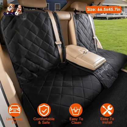 Car seat cover with quilted design installed in a vehicle, showing size and features.