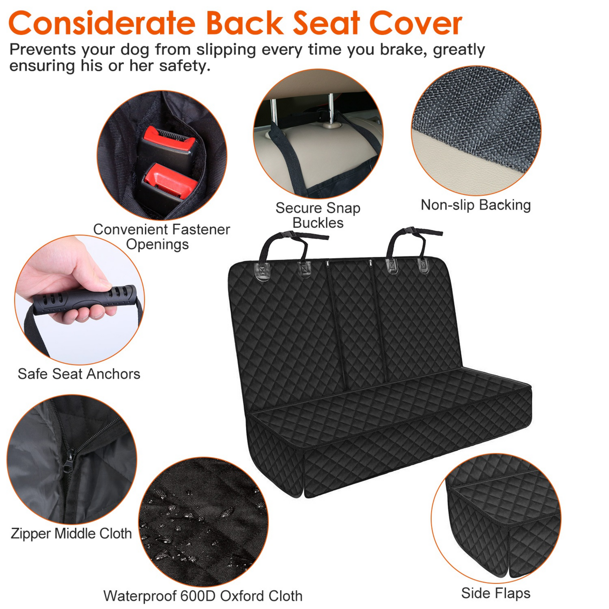 Car seat cover with features highlighted on a white background