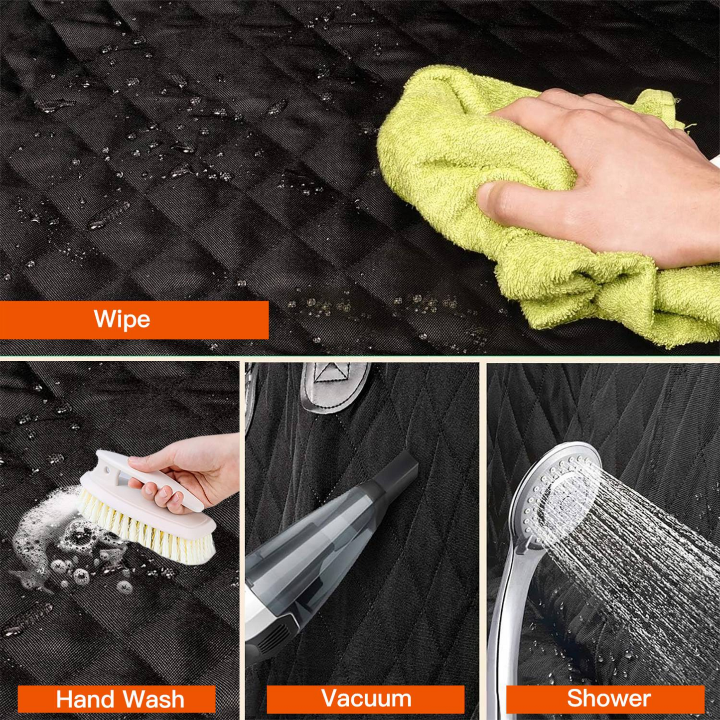 Steps to clean a car seat with text labels for 'Wipe', 'Hand Wash', 'Vacuum', and 'Shower'.