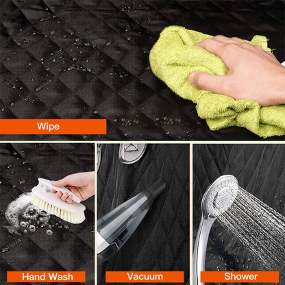 Steps to clean a car seat with text labels for 'Wipe', 'Hand Wash', 'Vacuum', and 'Shower'.
