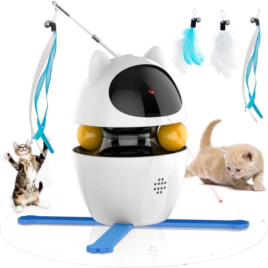 White cat-shaped toy with moving parts and feathers, accompanied by kittens playing.