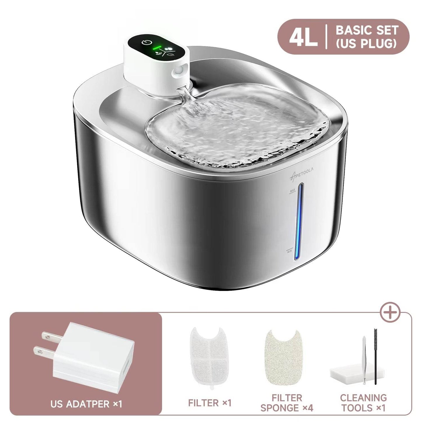 Stainless steel pet water fountain with digital display on a white background, featuring US plug and accessories.