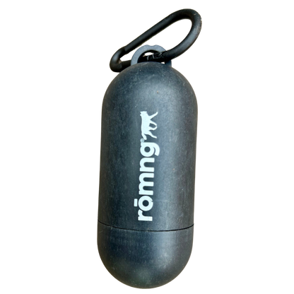 Black cylindrical container with a carabiner and 'romng' logo on a white background