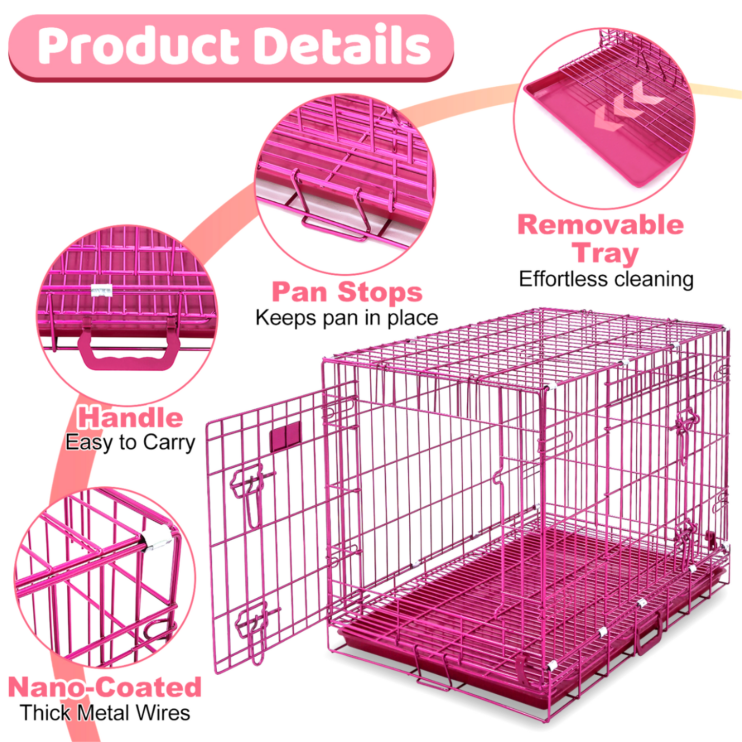 Pink pet crate with features highlighted on a white background