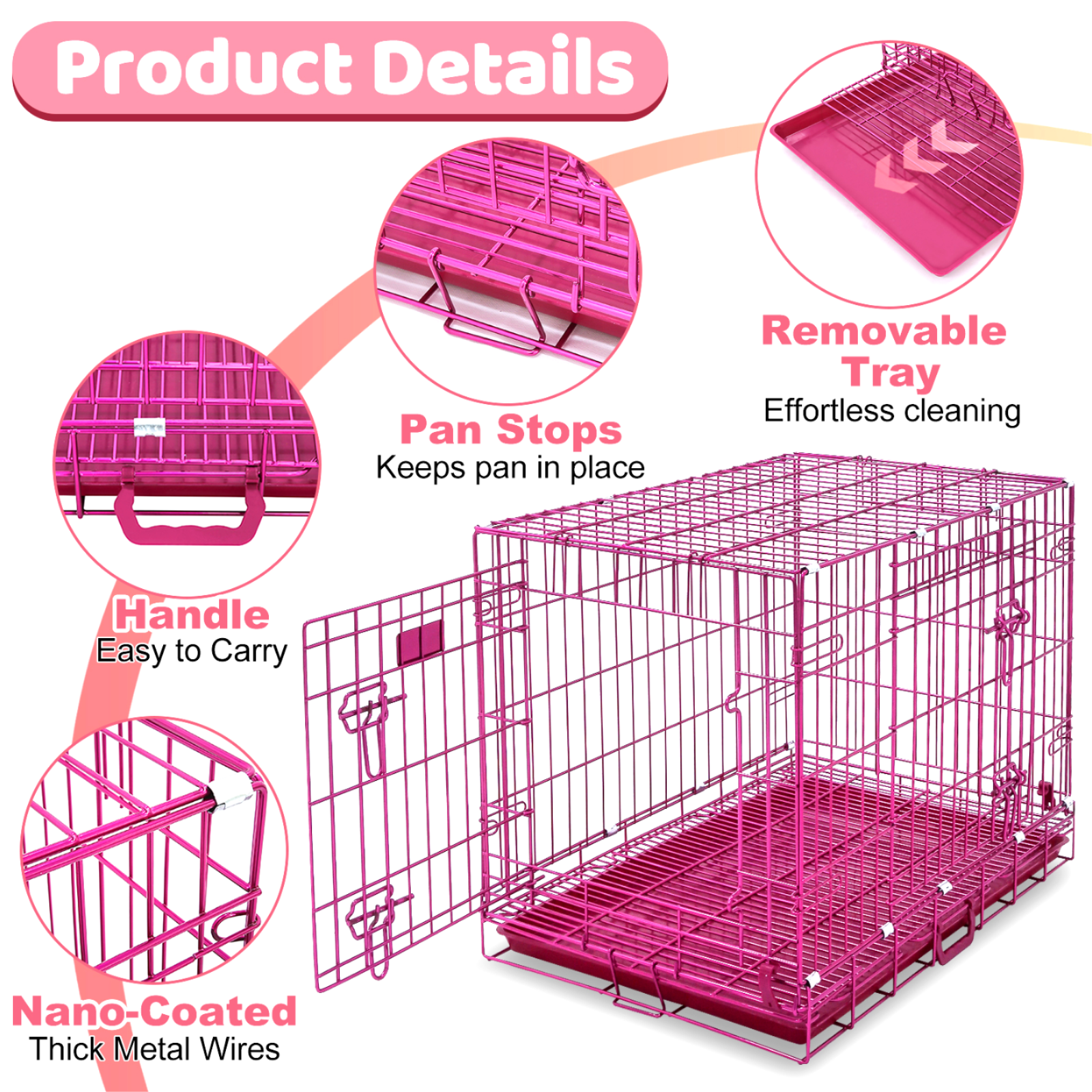 Pink pet crate with features highlighted on a white background