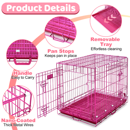 Pink pet crate with features highlighted on a white background