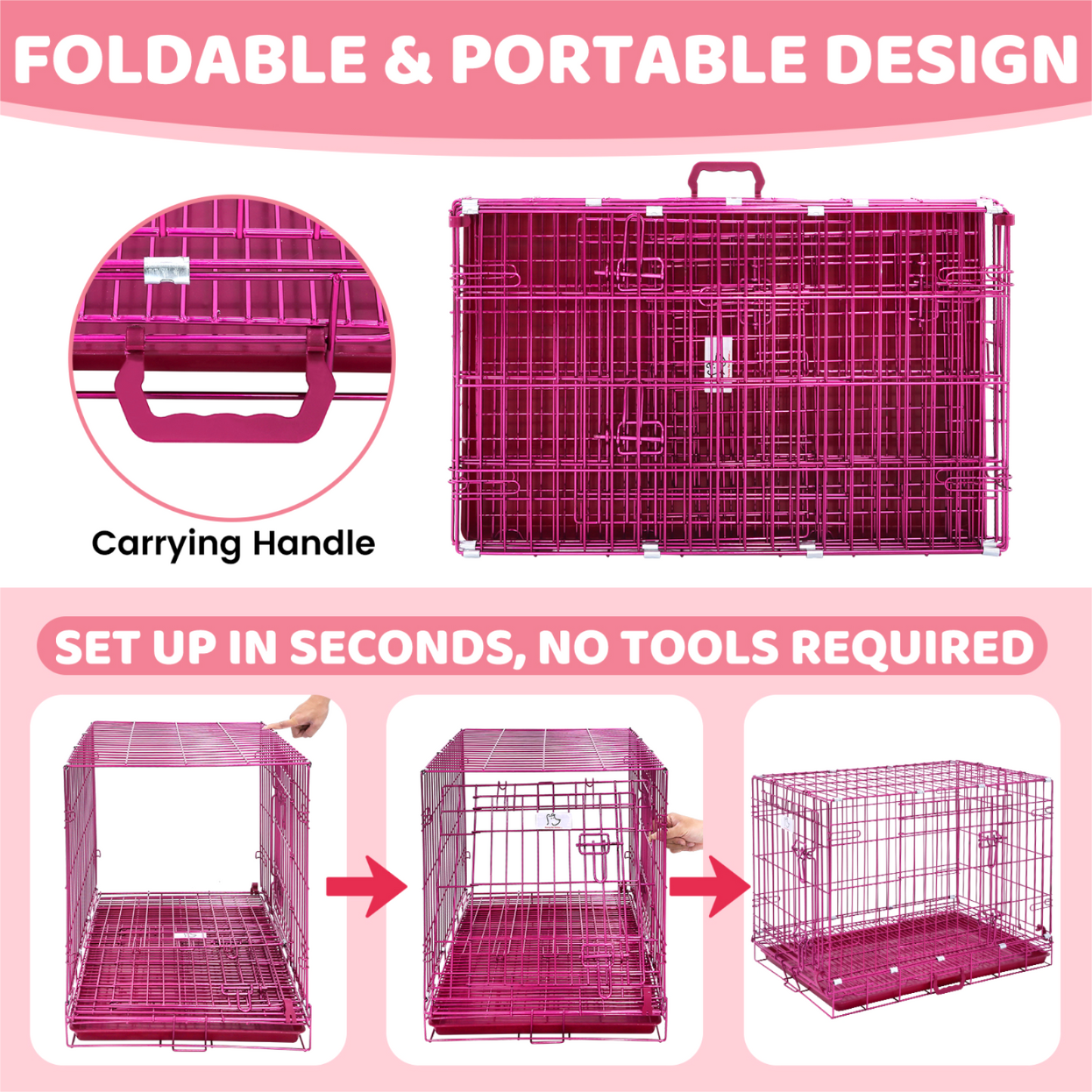 Pink foldable and portable dog crate with carrying handle and setup instructions on a pink background.