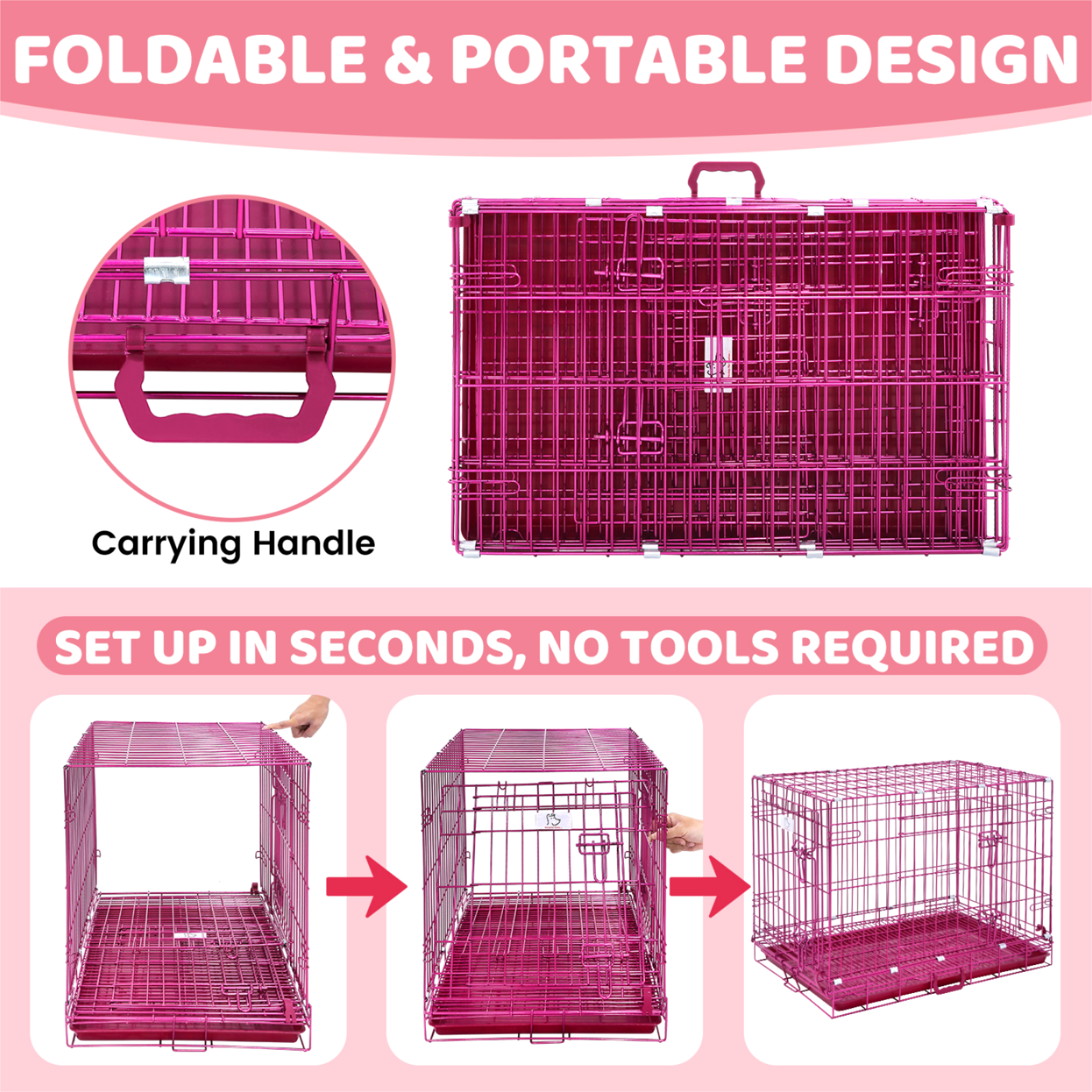 Pink foldable and portable dog crate with carrying handle and setup instructions on a pink background.