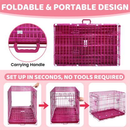 Pink foldable and portable dog crate with carrying handle and setup instructions on a pink background.