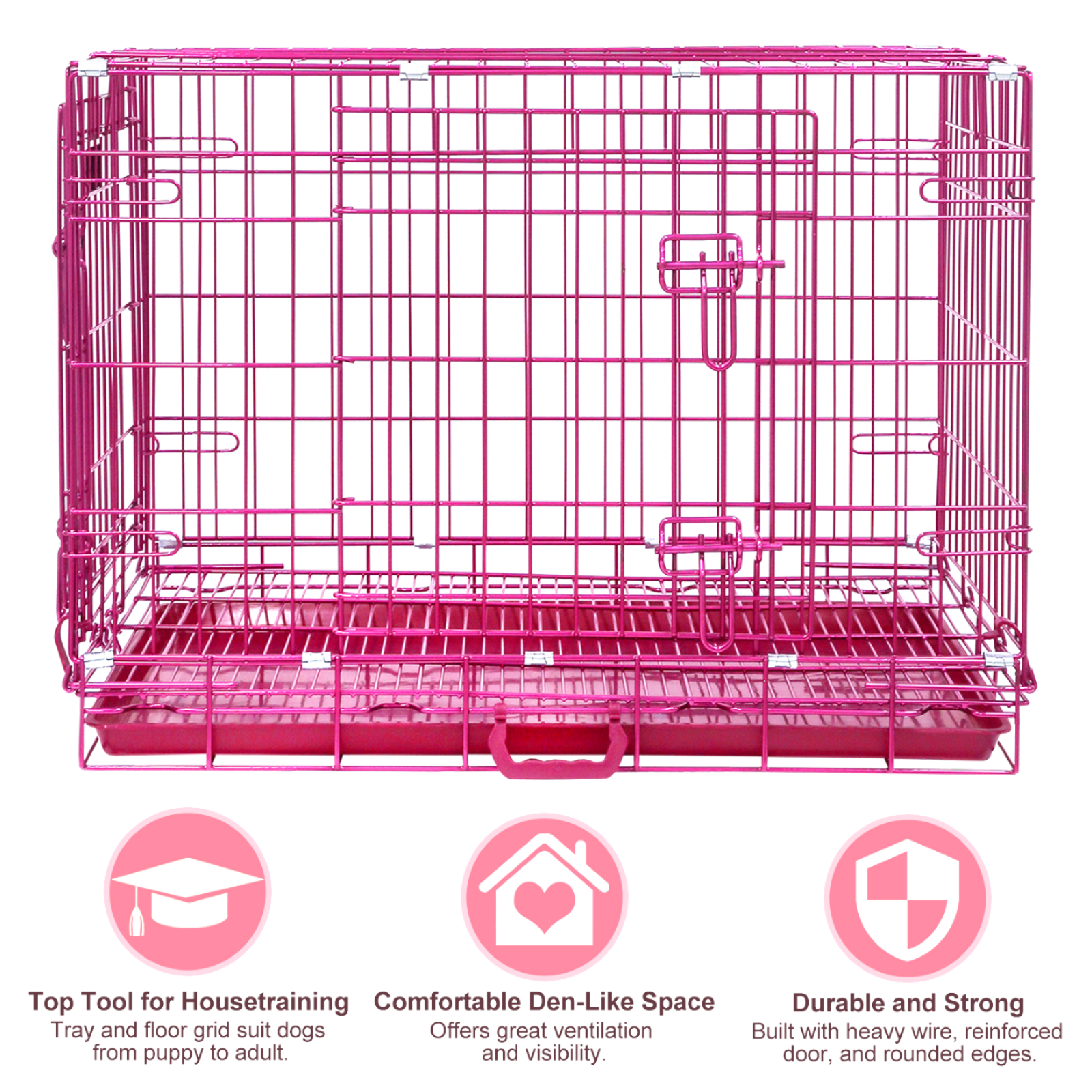 Pink metal dog crate with features highlighted on a white background