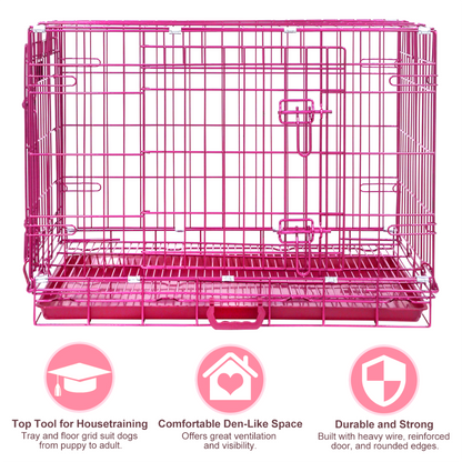 Pink metal dog crate with features highlighted on a white background