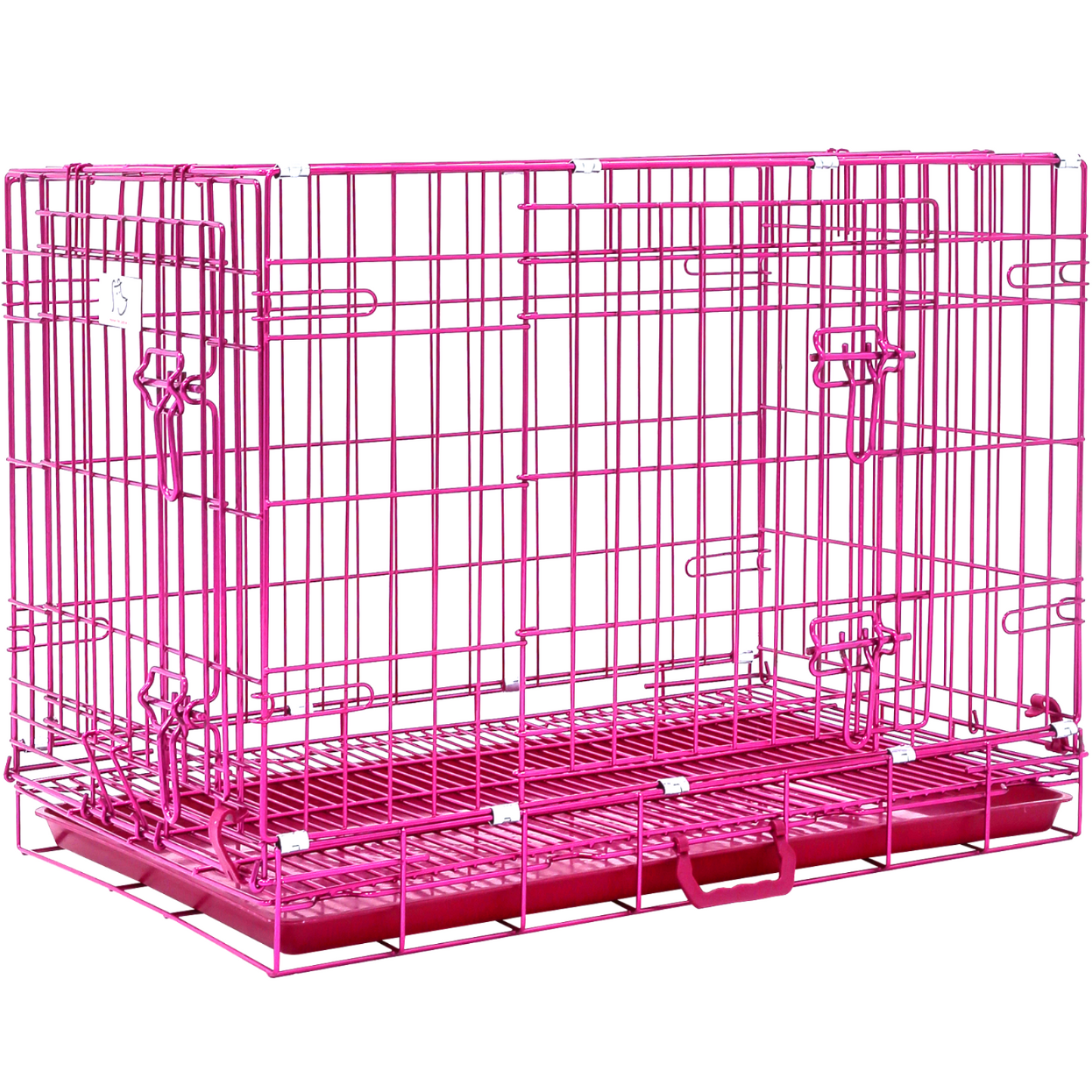 Pink metal pet crate on a white background