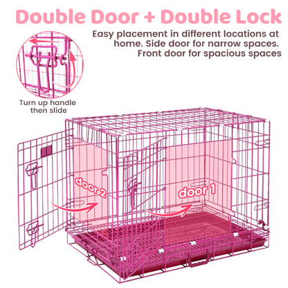 Pink dog crate with double doors and lock mechanism on a white background