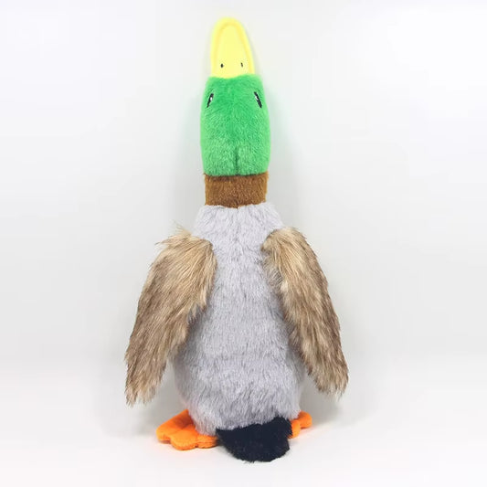 Plush toy duck with green head and gray body