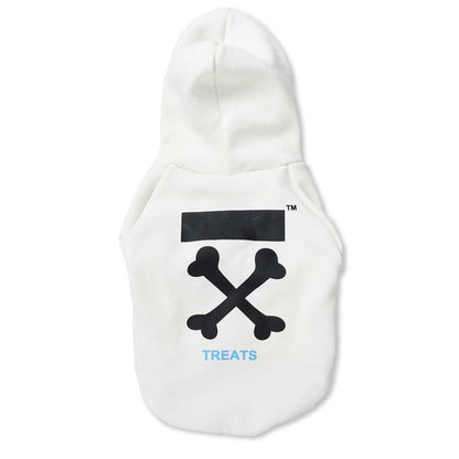 White pet hoodie with black and blue design on a white background