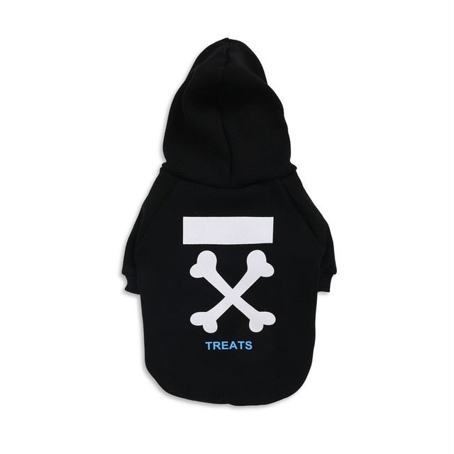 Black pet hoodie with crossbones and 'TREATS' text on a white background