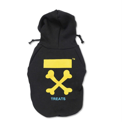 Black pet hoodie with yellow and blue design on a white background