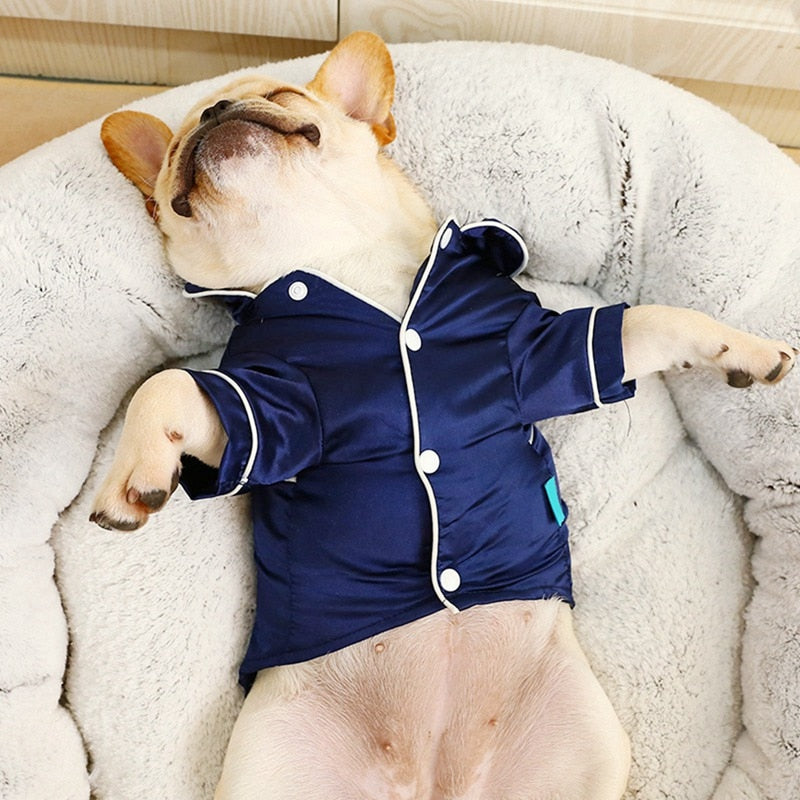 Dog wearing a navy blue pajama outfit with white buttons on a fluffy white bed.