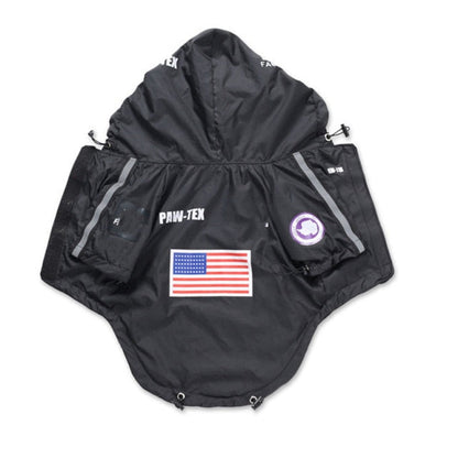 Black raincoat with American flag patch and Paw-Tex branding on a white background