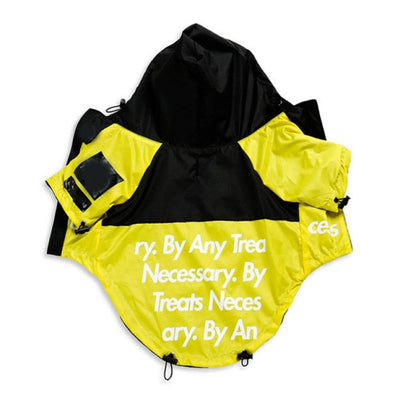 Yellow and black jacket with text on a white background