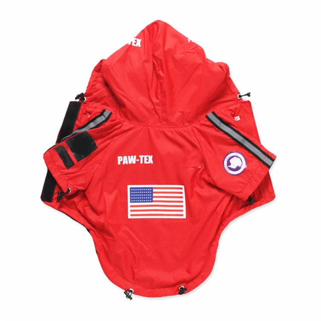 Red dog raincoat with American flag and 'PAW-TEX' branding on a white background