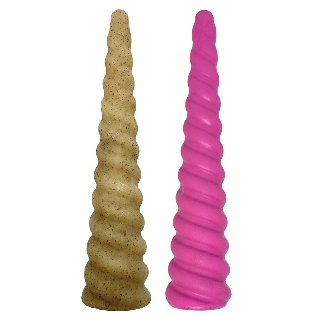 Two textured cylindrical objects, one beige and one pink, on a white background.