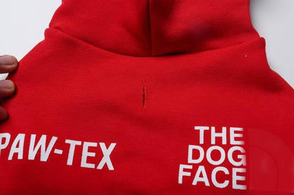 Red hoodie with 'PAW-TEX' and 'THE DOG FACE' text on a white background