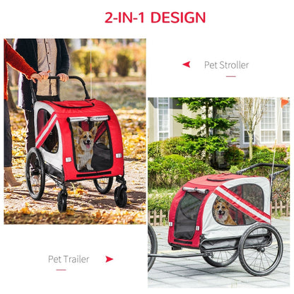 Red pet stroller with a dog, showing its use as both a stroller and trailer.