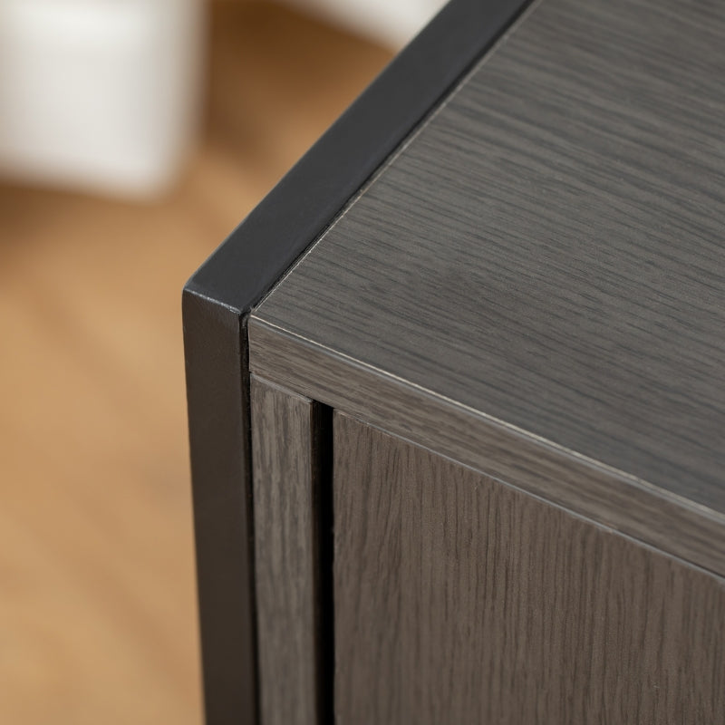 Close-up of a wooden cabinet corner with a blurred background