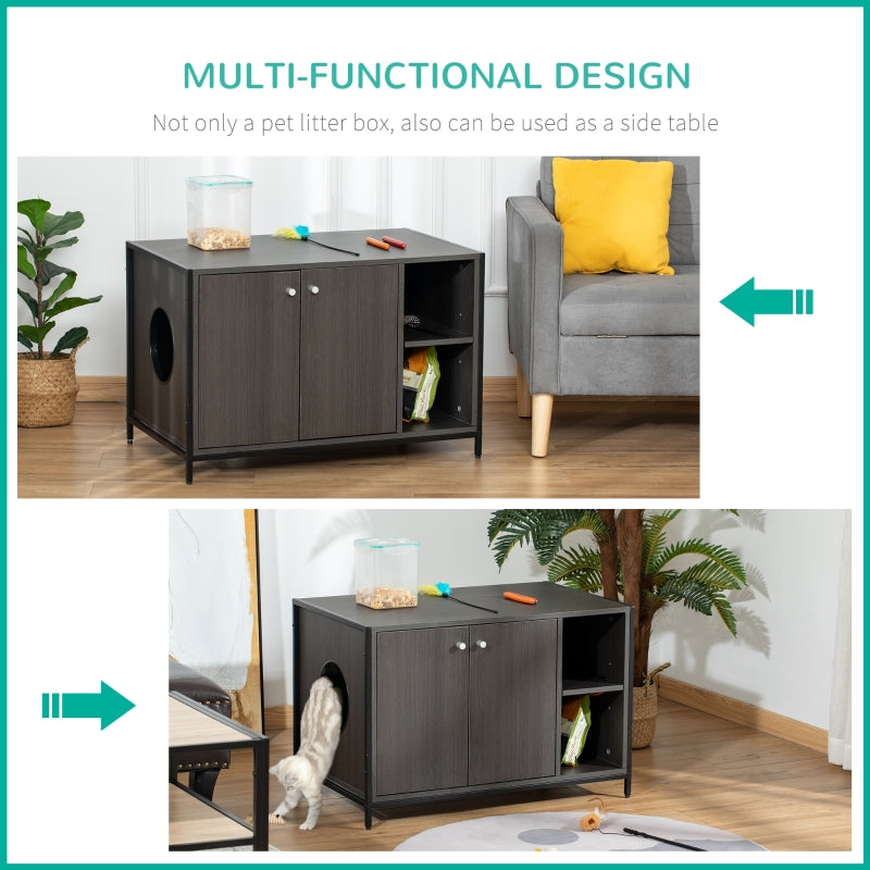 Multi-functional pet litter box and side table with a cat using it.