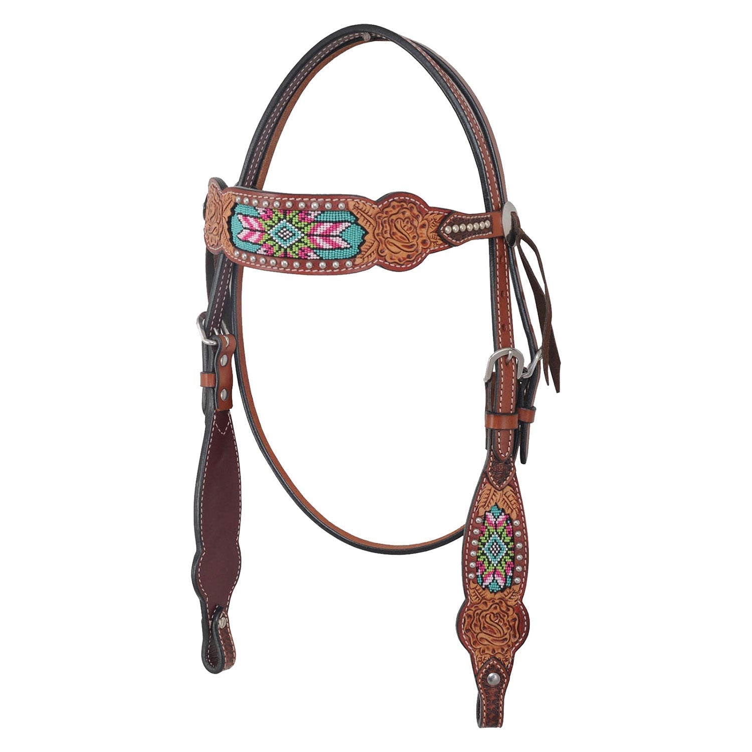 Decorative horse bridle with intricate designs on a white background