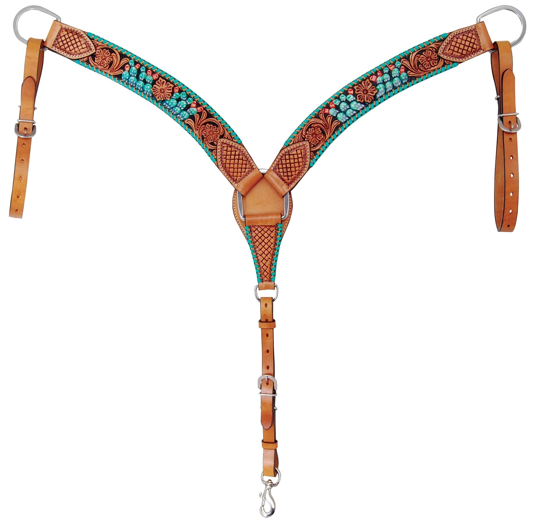 Decorative leather bridle with intricate patterns on a white background