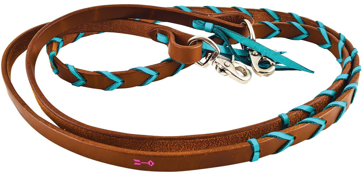 Brown leather dog leash with turquoise braided pattern on a white background