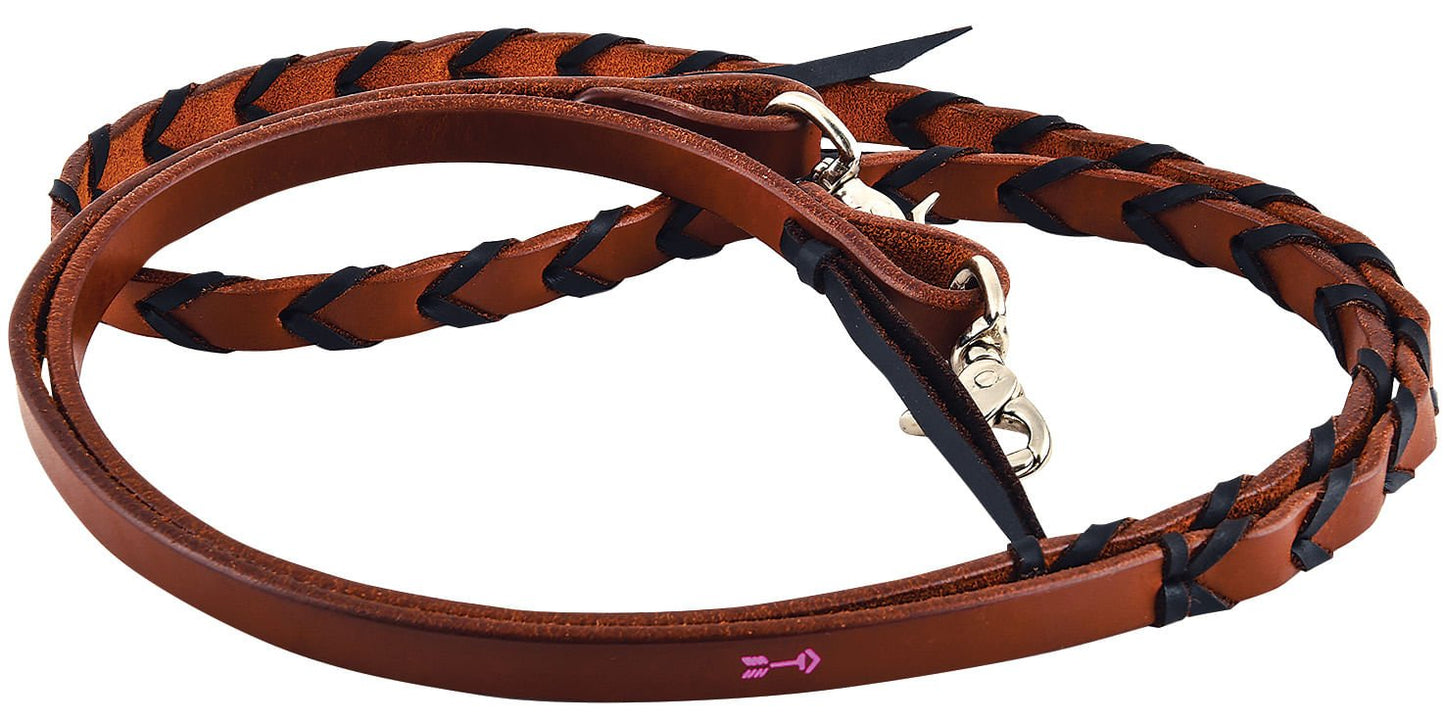 Brown leather dog leash with black stitching on a white background