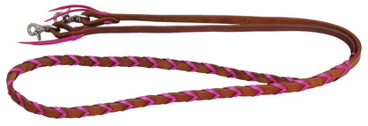 Brown and pink braided leather lanyard with metal clip on a white background