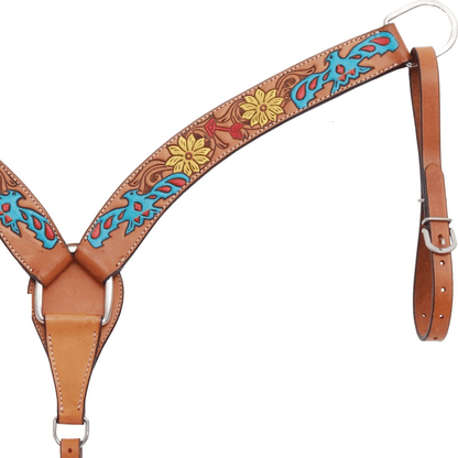 Brown leather headstall with colorful floral patterns on a white background