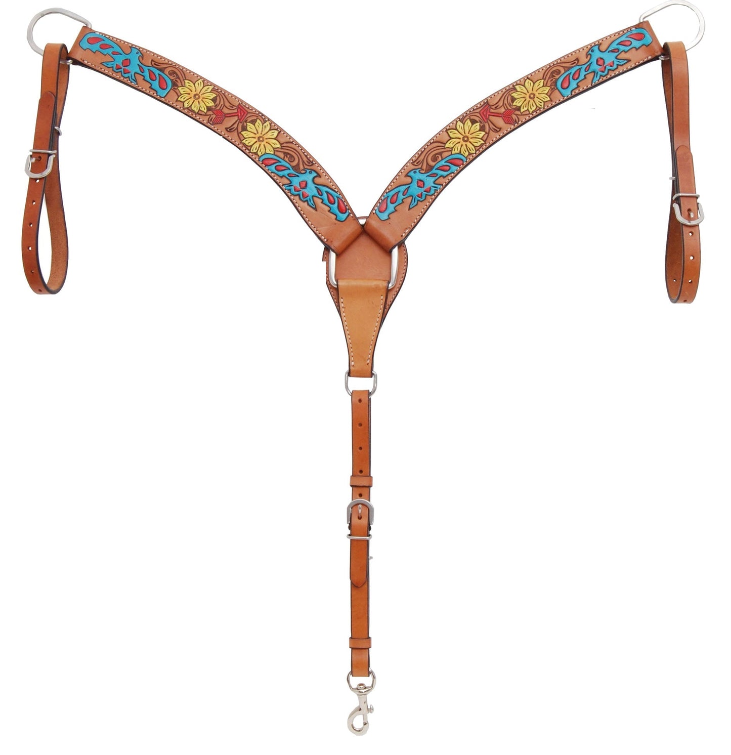 Decorative leather bridle with floral patterns on a white background