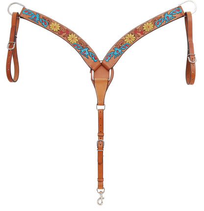 Decorative leather bridle with floral patterns on a white background
