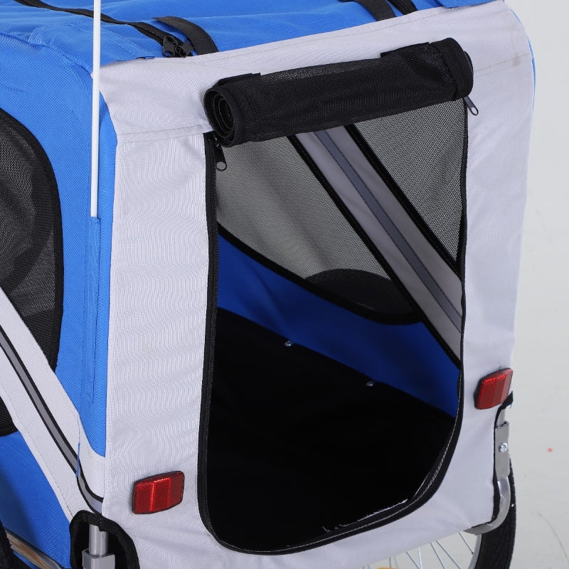 Blue and white pet stroller with a black mesh door on a light gray background