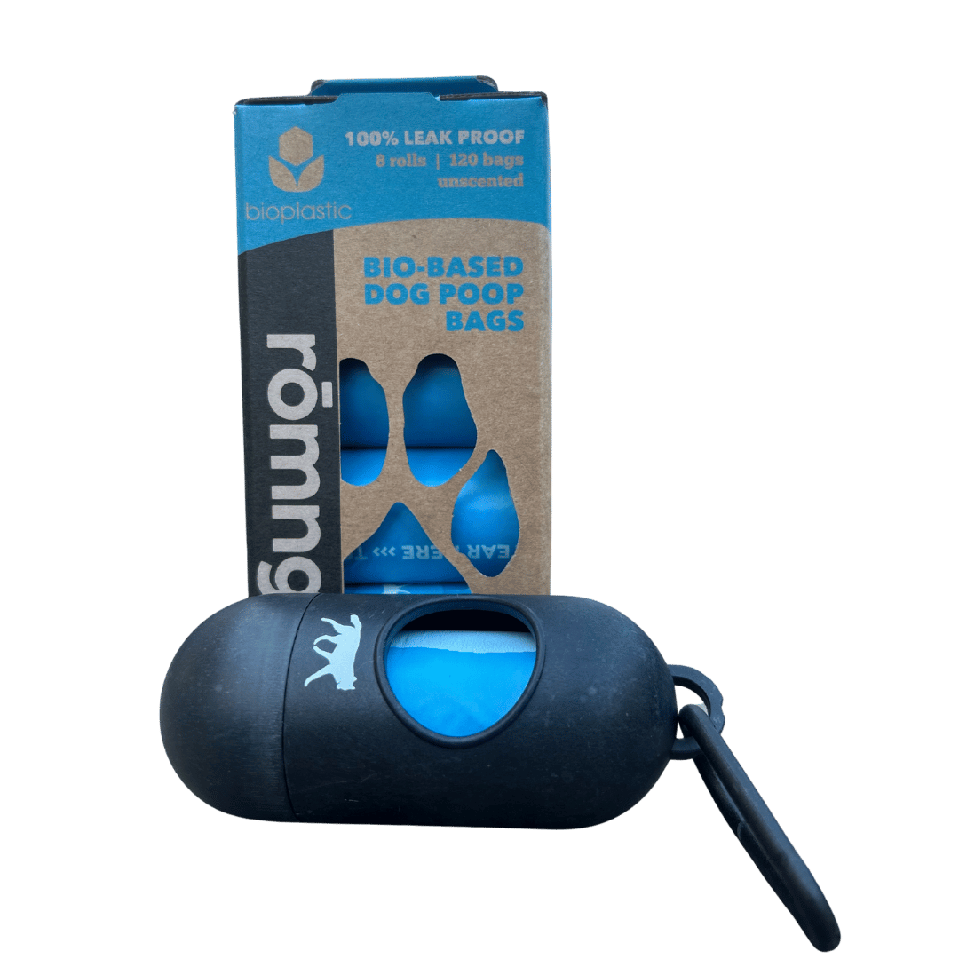 Black dog waste bag dispenser with blue bag and packaging labeled 'romng' on a green background