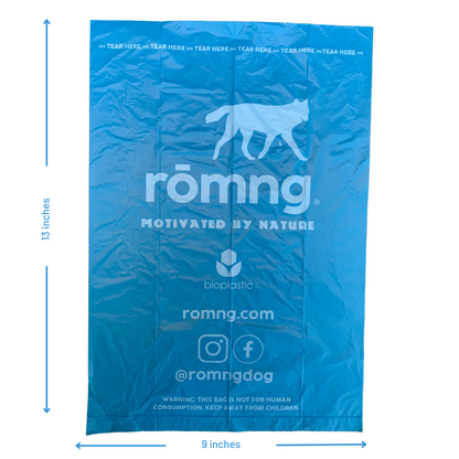 Blue bioplastic bag with 'romng' branding and measurements on a white background