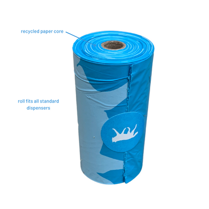 Blue paper towel roll with text indicating recycled paper core and compatibility with standard dispensers on a white background.