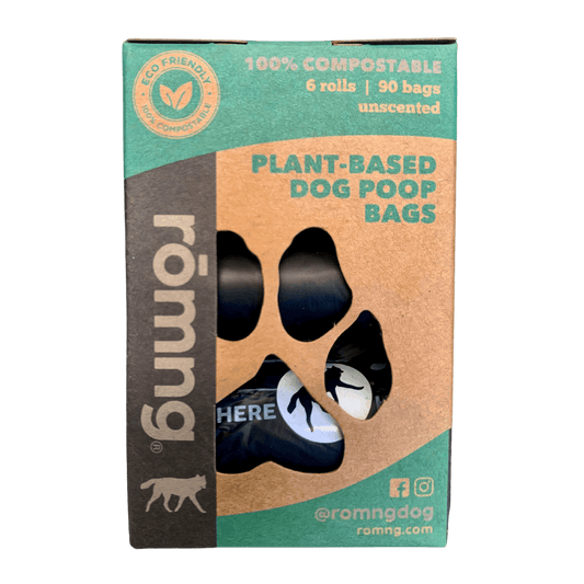 Box of plant-based dog poop bags with compostable label on a teal background