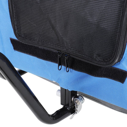 Close-up of a blue camping chair with a black mesh backrest and zipper pocket.