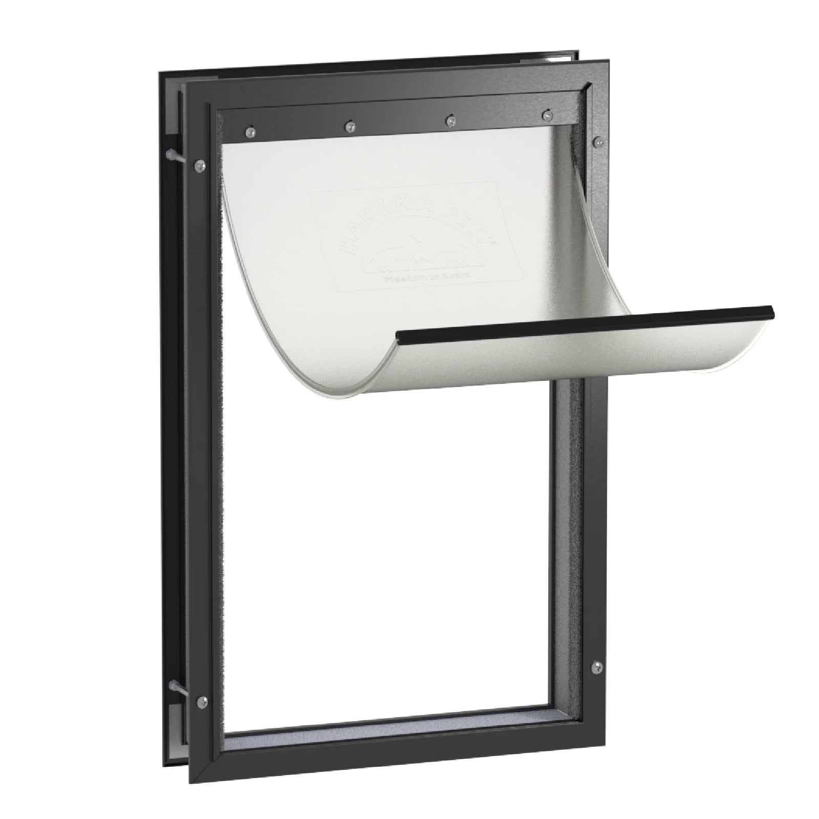 Pet Door with a White Interior and Black Exterior Frame on a white background.