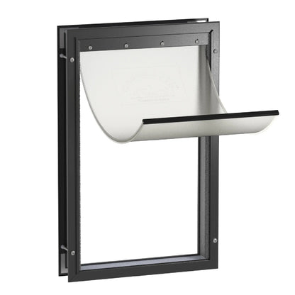 Pet Door with a White Interior and Black Exterior Frame on a white background.