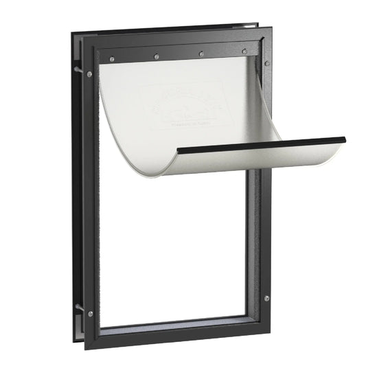 Pet Door with a White Interior and Black Exterior Frame on a white background.