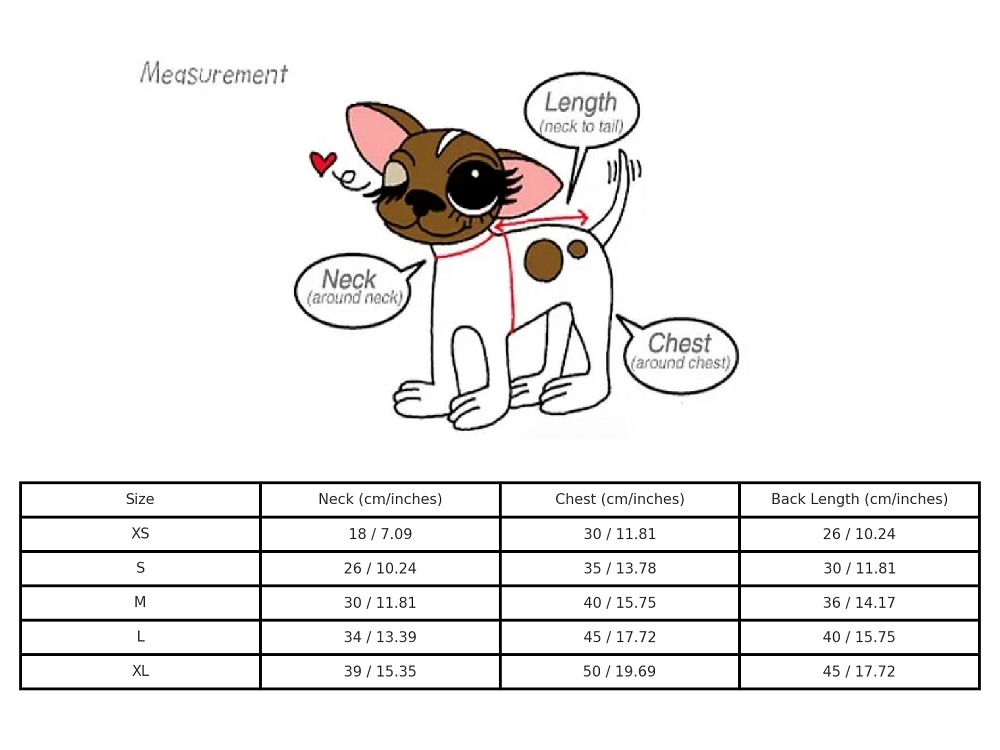 Measurement chart for dog clothing with a cartoon dog illustration and size chart.