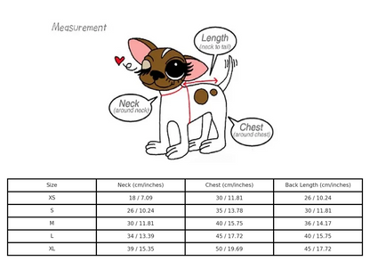 Measurement chart for dog clothing with a cartoon dog illustration and size chart.